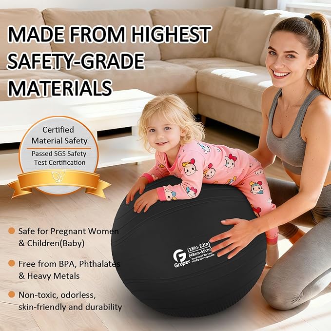 Gruper Yoga Ball, Multiple Sizes Non Slip Exercise Ball for Workout, Birthing, Balance, Stability, Pregnancy, 2200LB Capacity, Anti Burst Chair for Home and Office, Includes Quick Pump & Fitness Guide