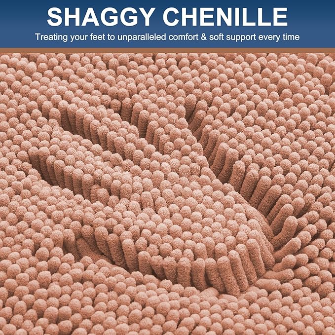 Smiry Luxury Chenille Bathroom Rugs 30x20, Extra Soft and Absorbent Shaggy Bath Mat, Machine Washable, Non-Slip Plush Carpet Runner for Tub, Shower, and Floor, Home Decor Accessories, Peach