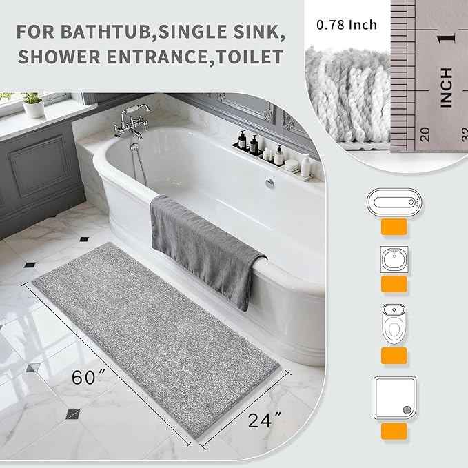 Yimobra Bathroom Runner Rug Non Slip Washable, Soft Absorbent Microfiber Long Bath Mat, Dual-Tone Decor Rug with Rubber Backing for Floor,Tub and Hallway,60x24,Home Essentials,Grey and White