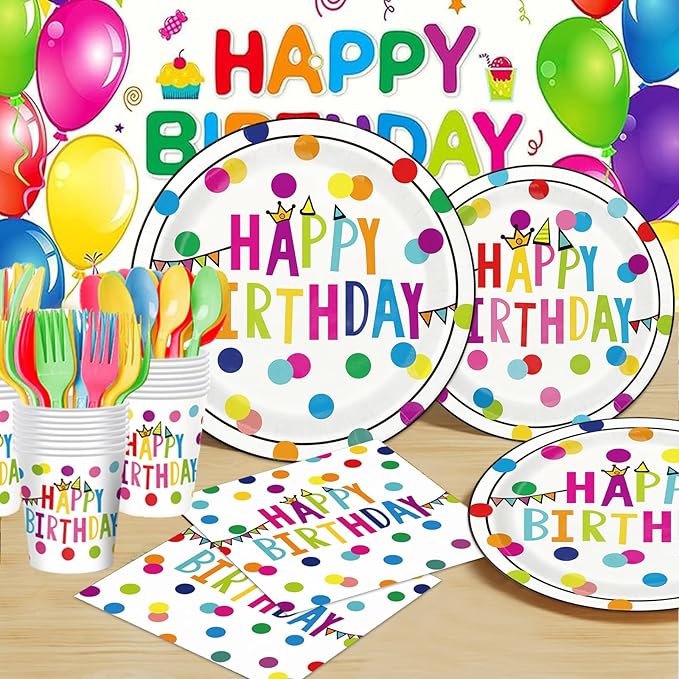 Happy Birthday Paper Plates and Napkins Sets - 350 Pcs Polka Dots Happy Birthday Party Supplies Tableware Set, Disposable Plates Napkins Kit for Boys Girls Birthday Party Decorations, Serves 50