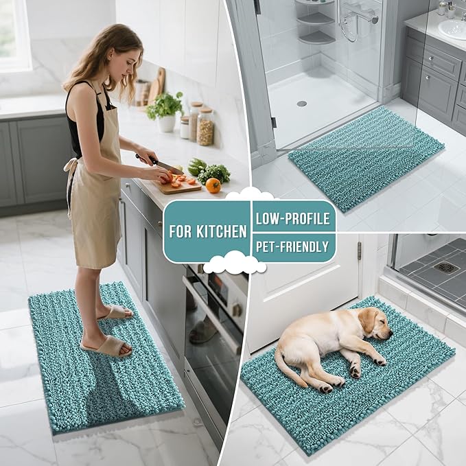 Yimobra Long Bathroom Rugs Non Slip Washable 44x24 Inch - Ultra Soft Absorbent Chenille Bath Mat, Quick Dry Shaggy Floor Carpet for Tub Shower, Teal Blue Home Decor Accessories