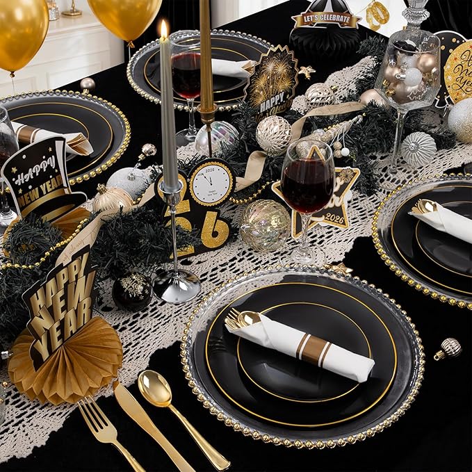 KIRE 60PCS Black Plastic Plates - Black Disposable Plates with Gold Rim for Halloween Party/Graduation - Include 30Pcs 10.25inch for Dinner and 30Pcs 7.5inch for Dessert
