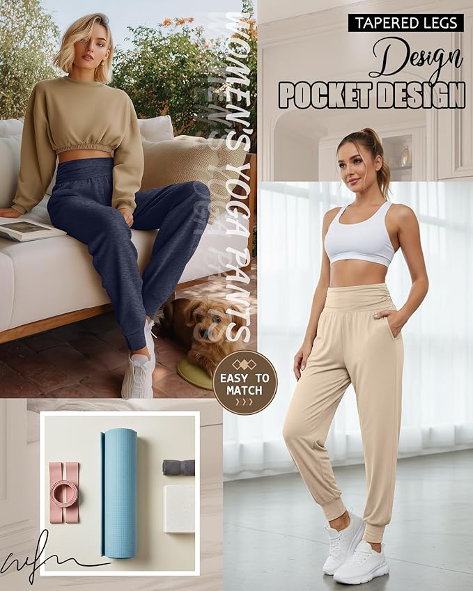 2 Pack Women's Yoga Joggers, Cozy Sweatpants with Pockets Casual Loose Comfy High Waisted Lounge Pants