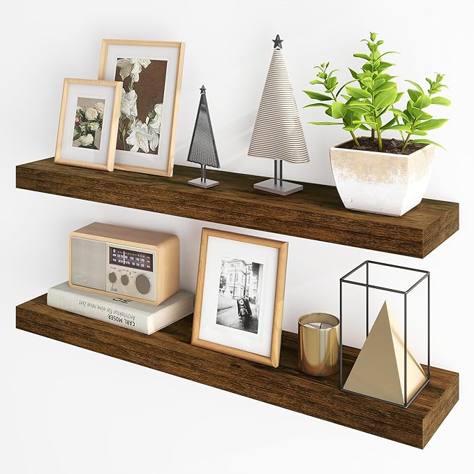 Fun Memories Floating Shelves for Wall, 36Inch Floating Shelves Set of 2, Hanging Shelf with Invisible Brackets, Bathroom Shelves for Living Room, Bedroom, Kitchen- Brown