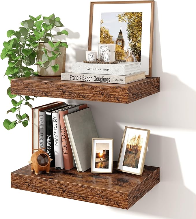Axeman 16Inch Floating Shelves for Wall, 2 Pack Shelves for Bedroom, Bathroom, Kitchen, Hanging Wall Mounted Rustic Wood Shelf with Invisible Brackets for Books Decor, Rustic Brown