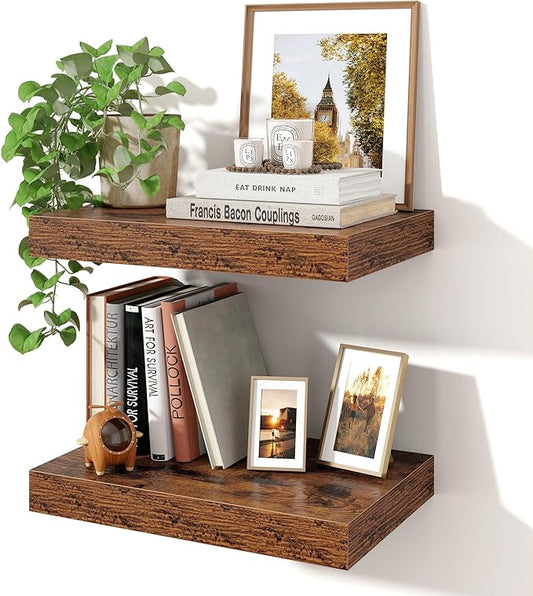 Axeman 16Inch Floating Shelves for Wall, 2 Pack Shelves for Bedroom, Bathroom, Kitchen, Hanging Wall Mounted Rustic Wood Shelf with Invisible Brackets for Books Decor, Rustic Brown