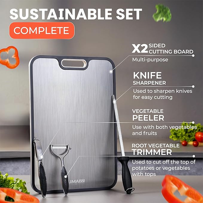 Titanium Cutting Board, New 2026-5-in-1 Pure Titanium & Wheat Straw PP Board with Knife Sharpener and 2 Fruit Peelers, Large 16 x 11 Inch