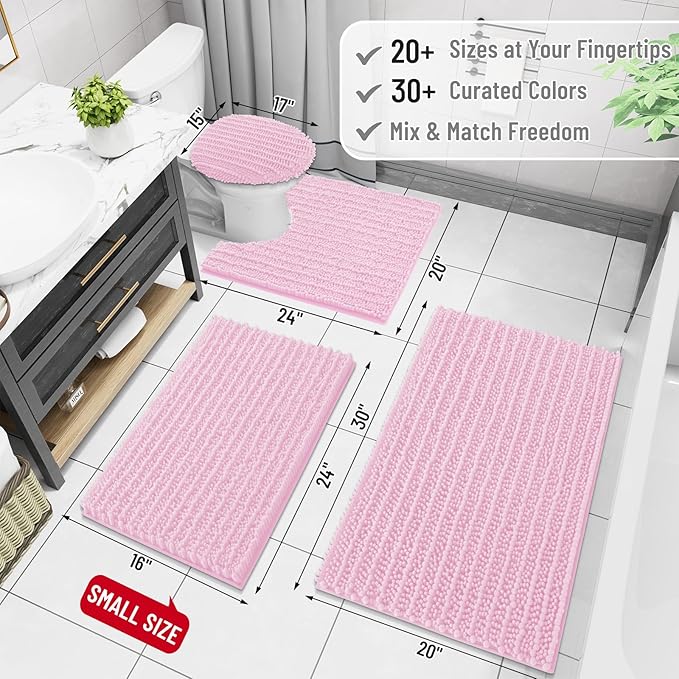 Arotive Luxury Chenille Bathroom Rug Mat, Extra Soft Thick Absorbent Shaggy Bath Rugs, Non-Slip Machine Wash Dry, Plush Bath Mats for Bathroom, Shower and Tub, 47x24, Pink