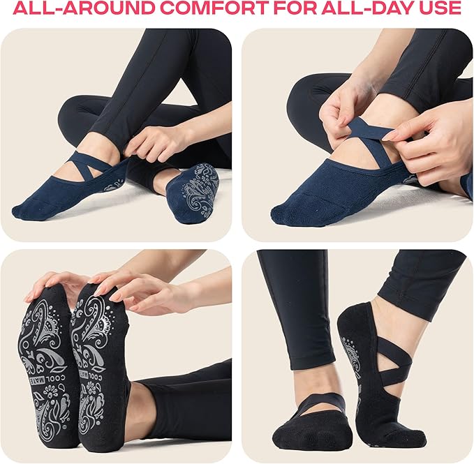 CoolMate Pilates Socks with Grips for Women, Yoga Socks, Crew Non Slip Women for Barre, Pilates Gifts