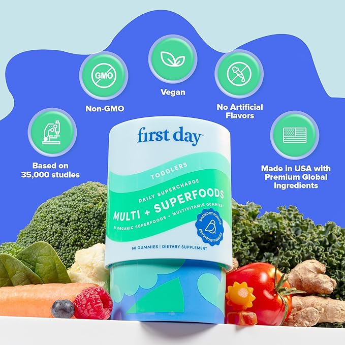 FIRST DAY Toddler Multivitamin Gummies (Ages 2-3)| Kids Multivitamin Gummies with Vitamins A C D3, B2, B12, Choline, Folate and 21 Organic Superfoods| (30 Day Supply)