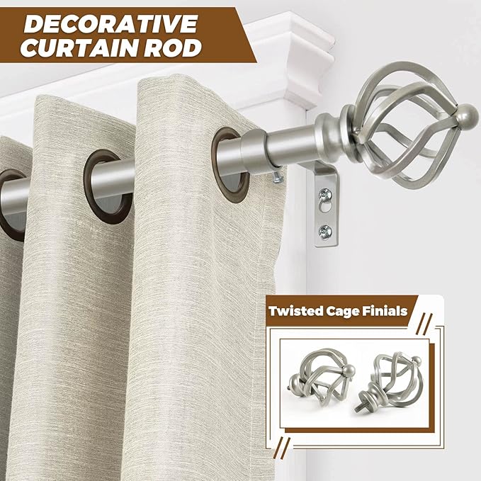 KAMANINA Silver Curtain Rods for Windows 48 to 84 Inch, Adjustable Single Curtain Rod 32 to 86 Inch(2.6-7.1ft), 3/4 Inch Splicing Drapery Rods with Twisted Cage Finial