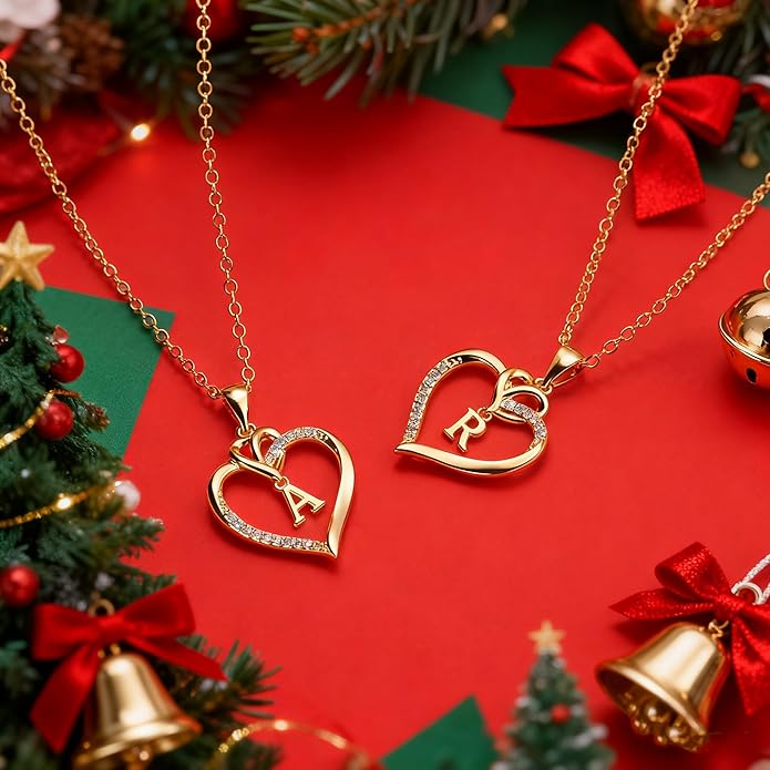 STORUP Christmas Gifts for Women Teen Girls - Heart Initial Necklaces for Women Girls, 14K-Gold-Plated Cubic Zirconia Initial A-Z Pendant Dainty Heart Necklaces for Teen Girl Jewelry Birthday Gifts