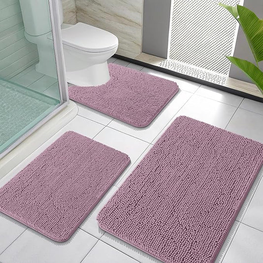 OLANLY Bathroom Rugs Sets 3 Piece, Soft Absorbent Chenille Bath Mats and U-Shaped Contour Toilet Rug, Quick Dry, Home Decor Accessories, Bath Mat Set for Bathroom (30"x20"+24"x16"+24"x20", Deep Plum)