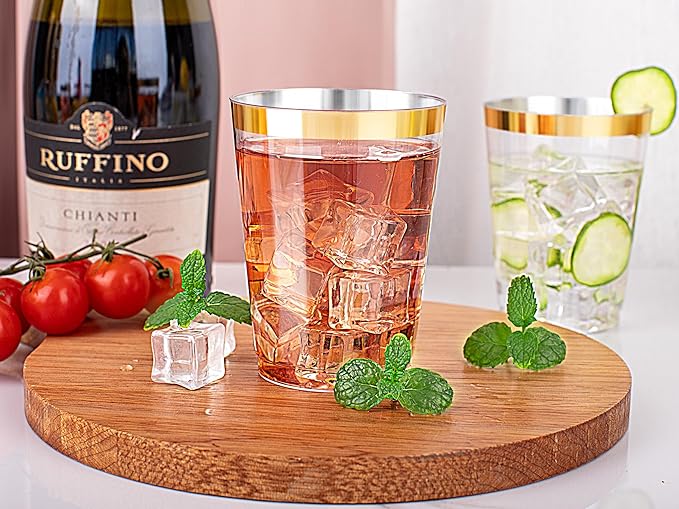 Ciaell 120PCS Gold Plastic Cups - 10Oz Heavy Duty Clear Plastic Cups with Gold Rim - Gold Rim Disposable Cups for Wedding, Birthday & Christmas