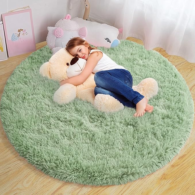 Round Fluffy for Bedroom Rugs, 6Ft Sage Green Shag Circle Rug Non-Slip for Kids Girls Boys Bedroom Dorm Nursery Playroom, Soft Cute Area Rugs for Living Room Decor