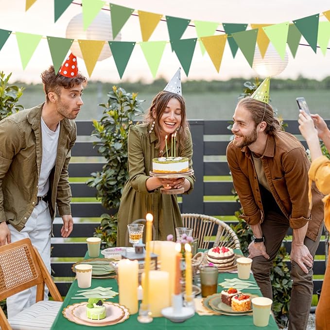 Mimorou 342 Pcs Sage Green Party Supplies Green Tableware Paper Disposable Plates Napkins Cups Plastic Tablecloth Sage Golden Triangle Banner for Wedding Bachelorette Birthday