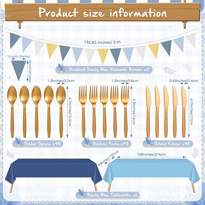 Mimorou 342 Pcs Dusty Blue Party Supplies Blue Tableware Paper Disposable Plates Napkins Cups Plastic Tablecloth Navy Triangle Banner for Winter Wedding Bachelorette Birthday