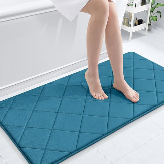 OLANLY Memory Foam Bath Mat 44x24, Ultra Soft and Absorbent Bathroom Rugs, Machine Washable, Comfortable Bath Carpet for Bathroom Floor, Tub and Shower, Peacock Blue