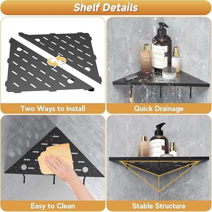 Corner Shower Shelf 10" Matte Black 304 Stainless Steel Recessed Shelf for Bathroom，Shower Corner Rack with Razor Hole Hook，Grout in Shelf for Tiled Wall, 2 Pack