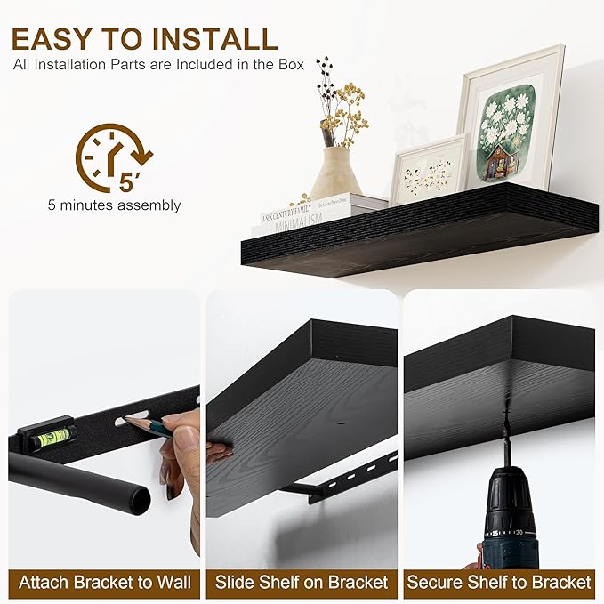 Fun Memories Floating Shelves for Wall, 20Inch Floating Shelves Set of 2, Hanging Shelf with Invisible Brackets, Wood Shelves for Living Room, Bedroom, Kitchen, Black