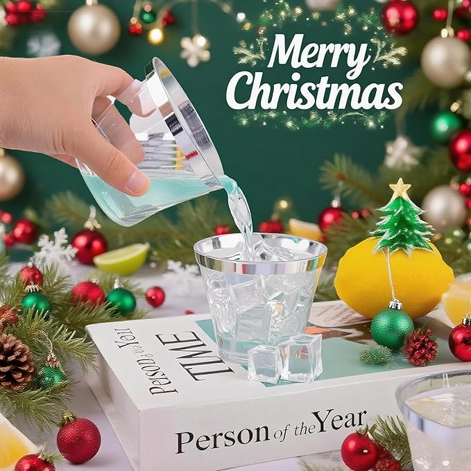 WELLIFE 200pcs Silver Cups, 9OZ Clear Plastic Cups,Plastic Wine Glasses Disposable,Cocktail Glasses for Party and Weddings