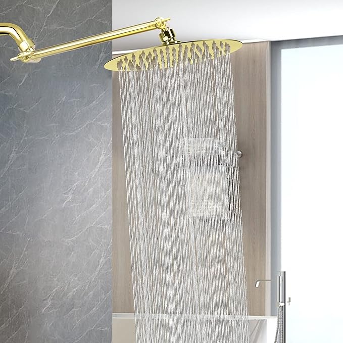 NearMoon Rain Shower Head with 11'' Adjustable Arm, High Pressure Stainless Steel Rainfall Shower, Ultra-Thin Design - Pressure Boosting (8 Inch, Gold)