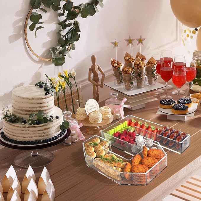13.8" Acrylic Number Charcuterie Tray, Fillable Number Charcuterie Box for Food, Reusable Serving Cake Candy Dish Display Tray for Birthday Anniversary Party Decoration (Square Number 5)