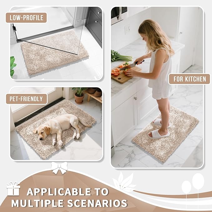 Yimobra Long Bathroom Rug Non Slip 44x24 Inch, Extra Thick Soft Absorbent Chenille Bath Mat, Machine Washable Quick Dry Bath Rugs for Bathroom Floor, Tub and Shower, Home Decor Accessories, Khaki