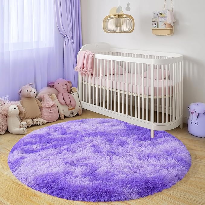 Round Fluffy Rugs 5Ft for Girls Bedroom, Tie-Dyed Purple Shag Circle Kids Rug Non-Slip for Bedside Dorm Nursery Playroom, Soft Cute Area Rugs for Living Room Decor