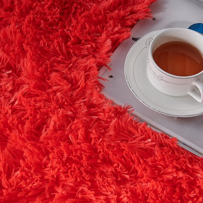 TABAYON Shag Area Rug, 5x7 Ft Red Upgrade Anti-Skid Durable Rectangular Cozy Rug, High Pile Soft Throw Rug for Nursery Room Living Room