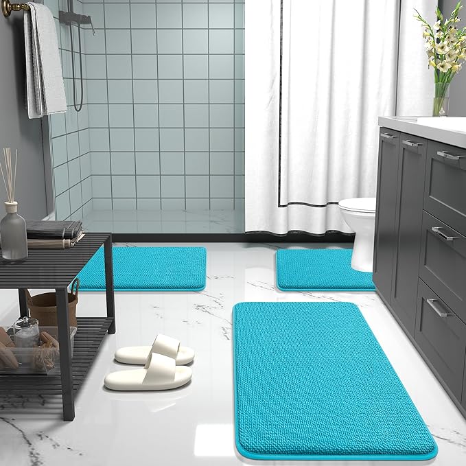 OLANLY Thick Memory Foam Bath Mat Rug 30x20, Extra Soft Absorbent Bathroom Rug, Quick Dry Bath Mats, Non-Slip, Machine Washable Carpet for Bathroom, Tub and Shower, Home Decor Accessories, Aqua Sky
