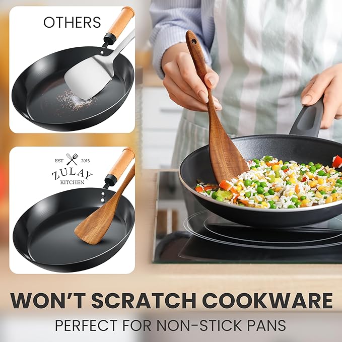 Zulay Kitchen 7-Piece Wooden Cooking Spoons Set – Heat-Resistant, Smooth Teak Utensils with Comfort Grip – Lightweight & Durable – Easy to Clean, Perfect for Non-Stick Cookware