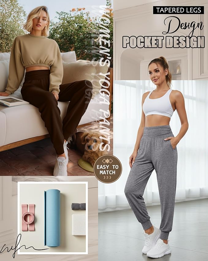 2 Pack Women's Yoga Joggers, Cozy Sweatpants with Pockets Casual Loose Comfy High Waisted Lounge Pants