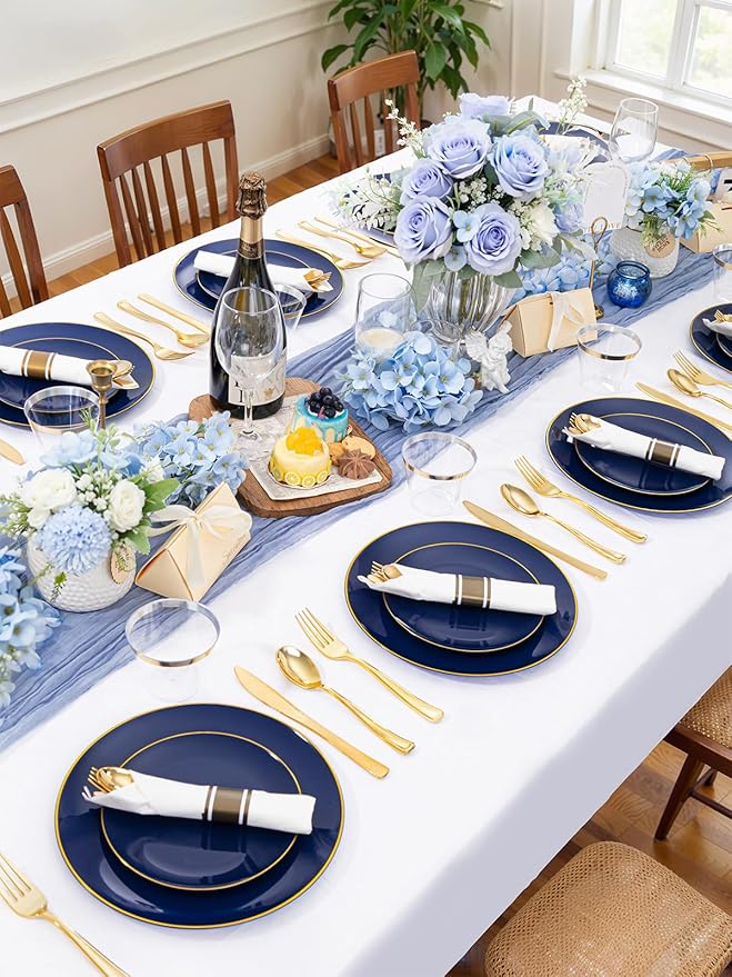 WDF 150pcs Blue plastic Plates - Navy Blue Plates Disposable - 25guest Disposable Dinnerware Sets for Hanukkah/Party/Wedding/Birthday