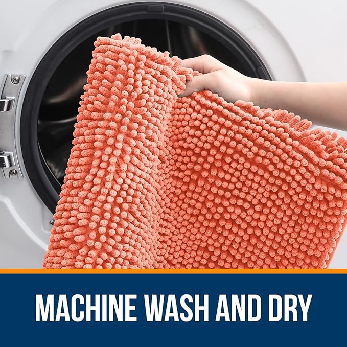 OLANLY Bathroom Rugs 70x24, Extra Soft Absorbent Chenille Bath Rugs, Rubber Backing Quick Dry, Machine Washable Bath Mats for Bathroom Floor, Tub and Shower, Home Decor Accessories, Coral