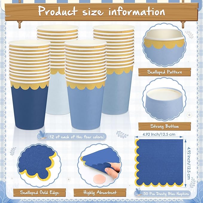 Mimorou 342 Pcs Dusty Blue Party Supplies Blue Tableware Paper Disposable Plates Napkins Cups Plastic Tablecloth Navy Triangle Banner for Winter Wedding Bachelorette Birthday