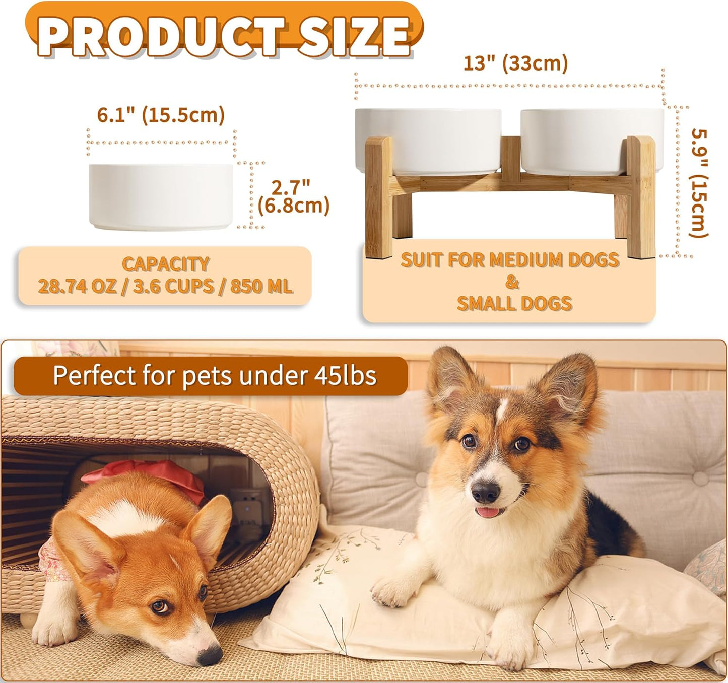 Elevated Bamboo Dog Bowl Stand – Ceramic Bowls & Non-Slip Design