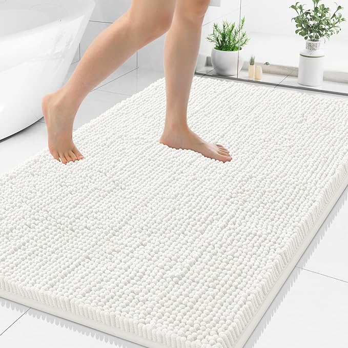 Smiry Luxury Chenille Bathroom Rugs 50x30, Extra Soft and Absorbent Shaggy Bath Mat, Machine Washable, Non-Slip Plush Carpet Runner for Tub, Shower, and Floor, Home Decor Accessories, Ivory
