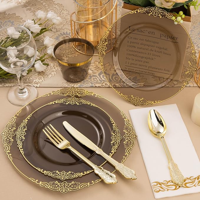350PCS Clear Black Plastic Plates for 50 Guests, Disposable Plates with Gold Trim include 50 Dinner and Dessert Plates, 150 Gold Silverware, 50 Cups, 50 Napkins for Party & Graduation