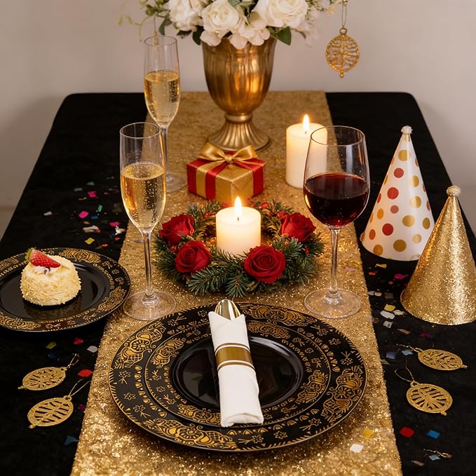 GATHER 350PCS Black and Gold Plastic Plates - Gold Disposable Dinnerware Set Include 50 Dinner Plates, 50 Dessert Plates, 150 Gold Plastic Silverware, 50 Napkins, 50 Cups for Wedding & New Year