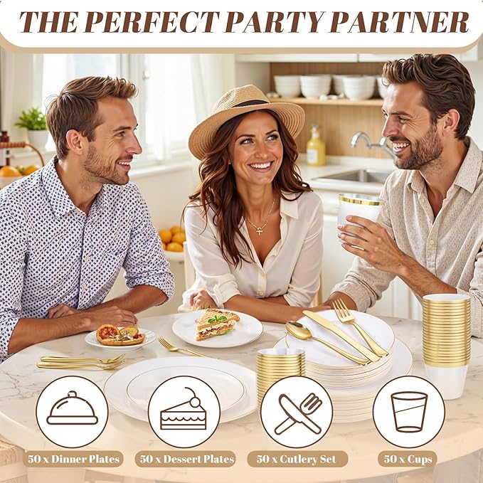 WDF 300PCS White and Gold Plates - Wedding Plastic Dinnerware Set for 50 Guests Include 50 Dinner & 50 Cake Plates, 50 Cutlery, 50 Cups for Wedding, Birthday, Thanksgiving Party