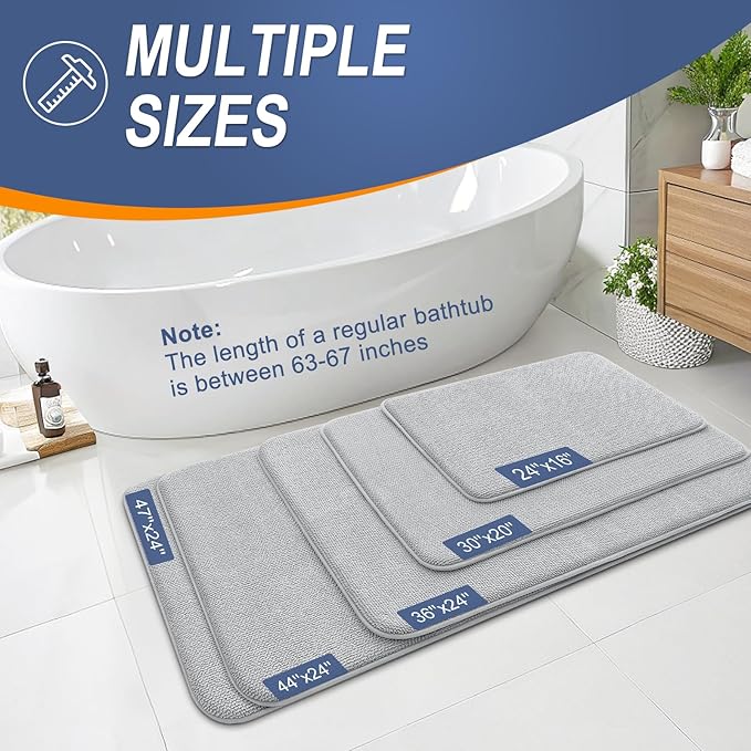 OLANLY Thick Memory Foam Bath Mat Rug 44x24, Extra Soft Absorbent Bathroom Rug, Quick Dry Bath Mats, Non-Slip, Machine Washable Carpet for Bathroom, Tub and Shower, Home Decor Accessories, Light Grey