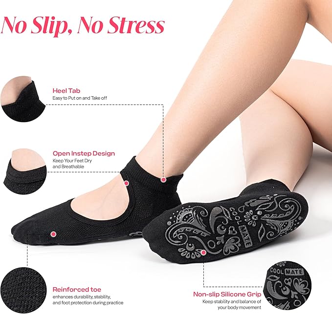CoolMate Pilates Socks with Grips for Women, Yoga Socks, Crew Non Slip Women for Barre, Pilates Gifts