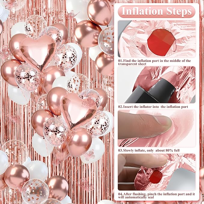 Sweet Rose Gold Birthday Party Decorations pack for Girls,Women-Happy Birthday Banners,Curtains Cake Topper decor,12pcs Butterfly,Plates Cups Napkins Straws for 25 Guest & More