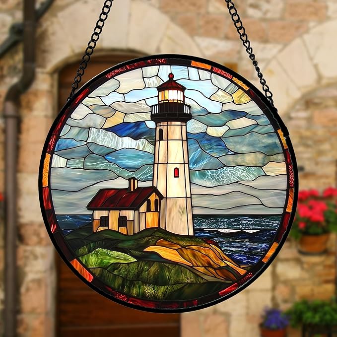 Stained Glass Window Hanging, Ocean Lighthouse Sun Catchers Glass Panel Blue Green Suncatcher Decor for Birthday for Women, Men, Wife, Aunt, and Mom 9.8 in