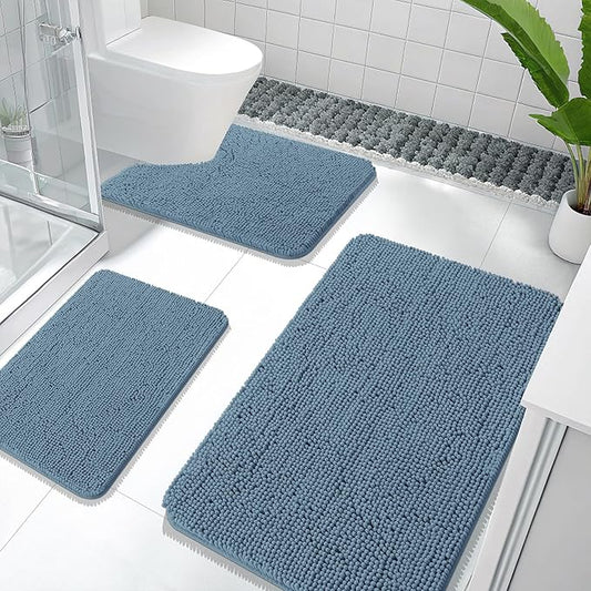 OLANLY Bathroom Rugs Sets 3 Piece, Soft Absorbent Chenille Bath Mats and U-Shaped Contour Toilet Rug, Quick Dry, Home Decor Accessories, Bath Mat Set for Bathroom (36"x24"+24"x16"+24"x20", Airy Blue)