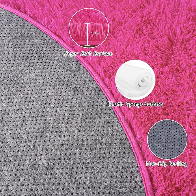 Round Fluffy Rugs 7Ft for Girls Bedroom, Hot Pink Shag Circle Kids Rug Non-Slip for Bedside Dorm Nursery Playroom, Soft Cute Area Rugs for Living Room Decor