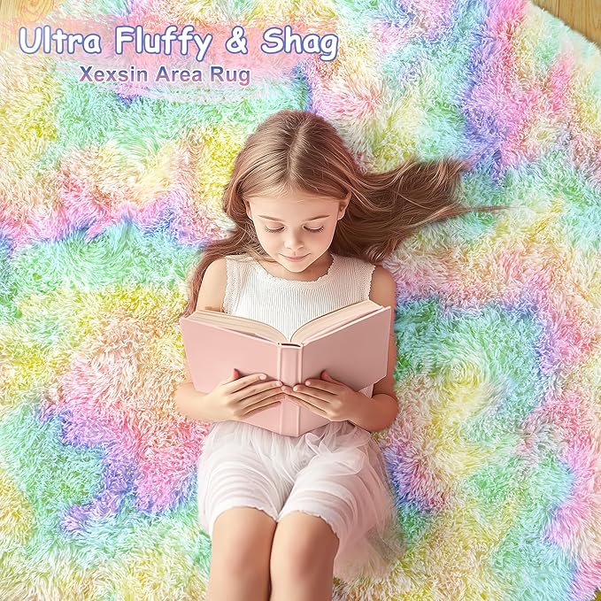 Round Fluffy Rugs 5Ft for Girls Bedroom, Rainbow Shag Circle Kids Rug Non-Slip for Bedside Dorm Nursery Playroom, Soft Cute Area Rugs for Living Room Decor