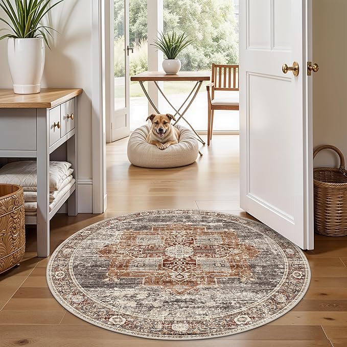 Living Room 4round Area Rugs - Boho Rugs for Bedroom Dining Room Stain Resistant Carpet Vintage Tribal Rugs for Kitchen Bathroom with Non Slip Backing Home Decor Floor Mat 4ft Brick