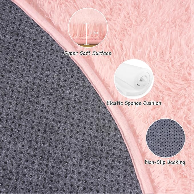 Round Fluffy Rugs 5Ft for Girls Bedroom, Pink Shag Circle Kids Rug Non-Slip for Bedside Dorm Nursery Playroom, Soft Cute Area Rugs for Living Room Decor